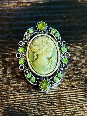 Small Green Cameo Brooch Pin with Sparkling Peridot Accents